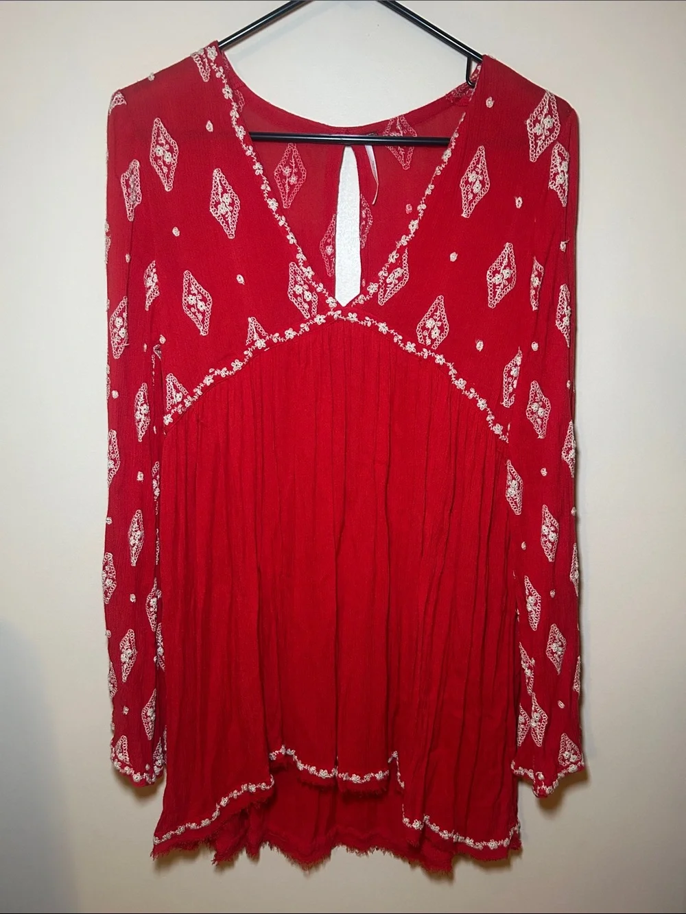 Free People Diamond Embroidered Tunic dress Bohemian Red White Small